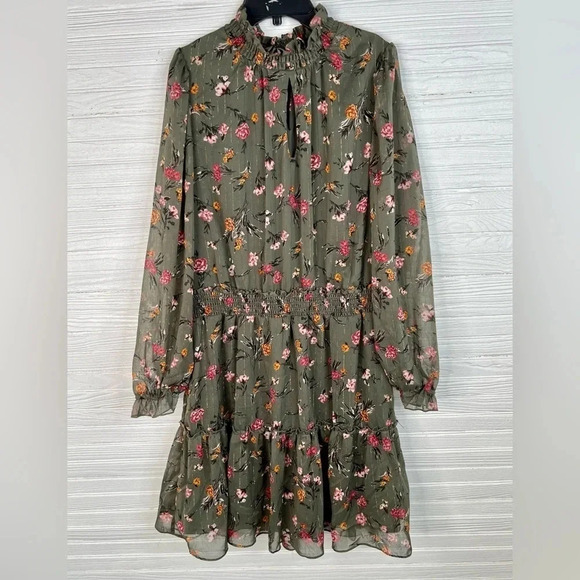 DREW Anthro Green Floral Print Dress Gold Stripes Long Sleeves Smocked Size L - Picture 2 of 16